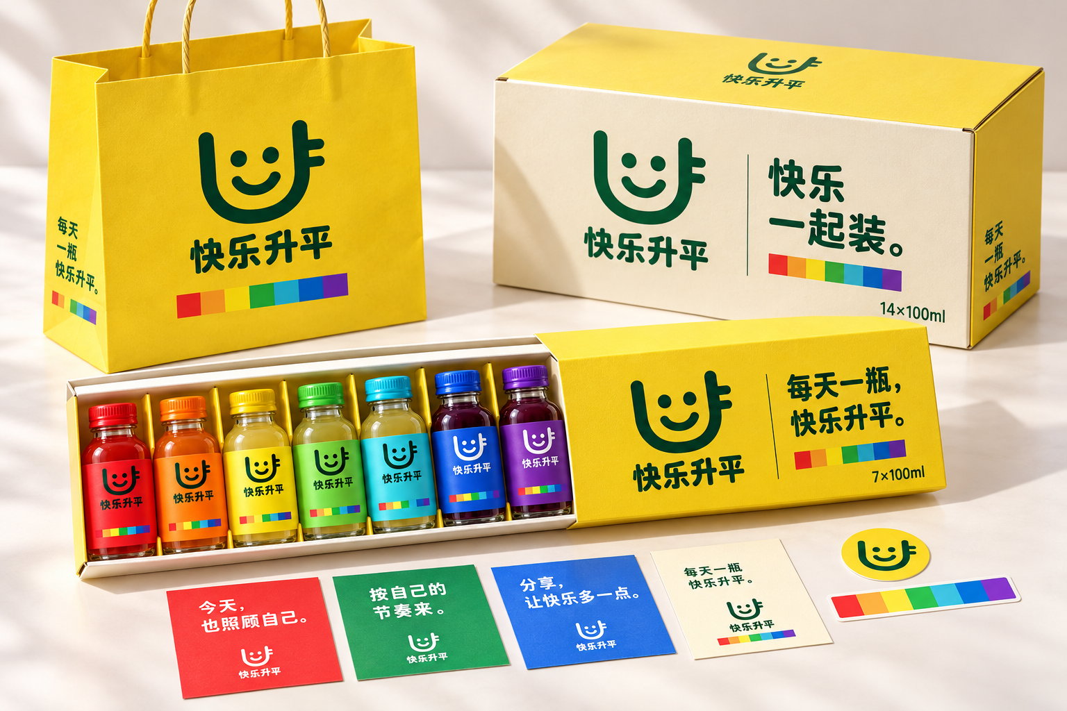 七瓶周配盒、家庭多排盒、提袋与价值卡片的包装延伸设计