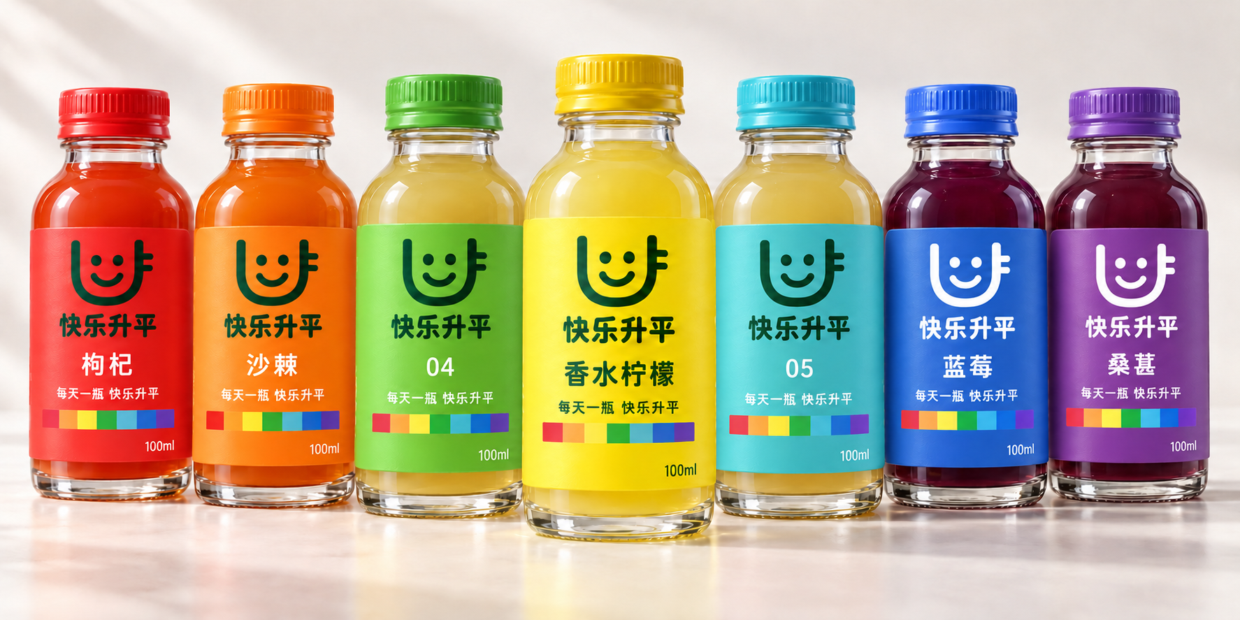 完整七色100ml瓶:暖红枸杞、橙色沙棘、绿色款、黄色香水柠檬、青色款、蓝色蓝莓、紫色桑葚。每瓶保留笑脸与横向七段彩虹条