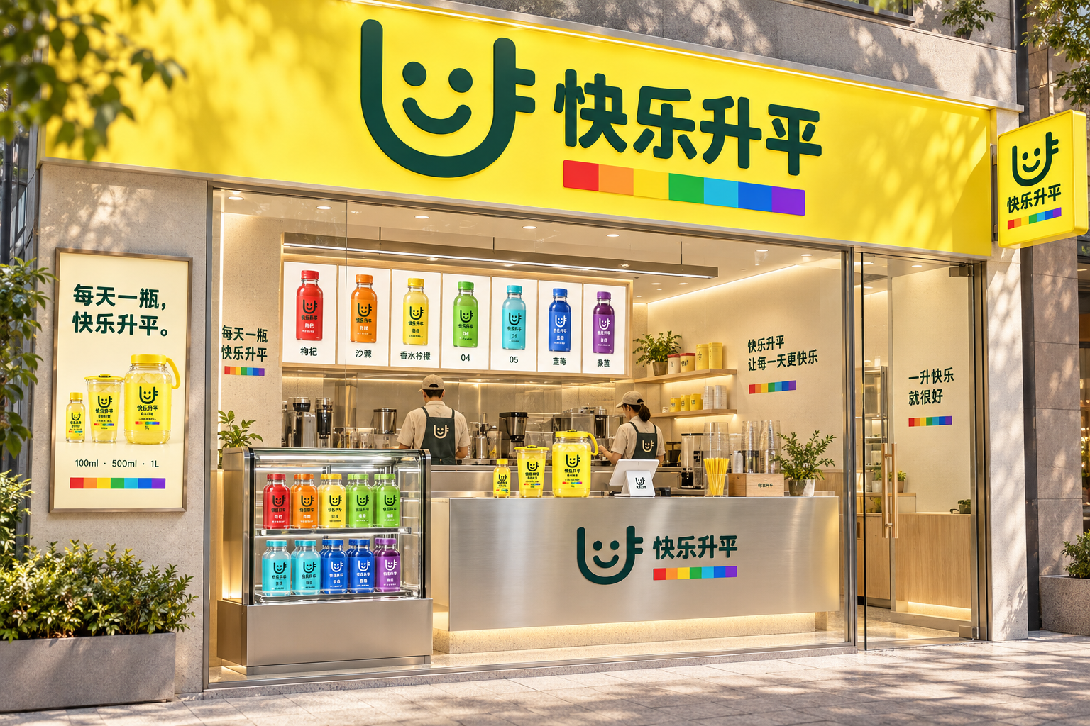 快乐升平黄色门头、绿色字标和七色展示的小型外带店设计